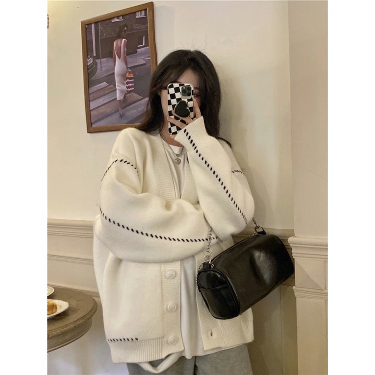 Áo khoác len cardigan 2021, áo cardigan len nữ màu trắng đen thời trang thu đông hàn quốc - Hàng mới về