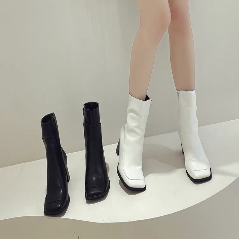 Boots da nữ cổ ngắn mũi vuông da trơn đế cao 7cm có khoá kéo