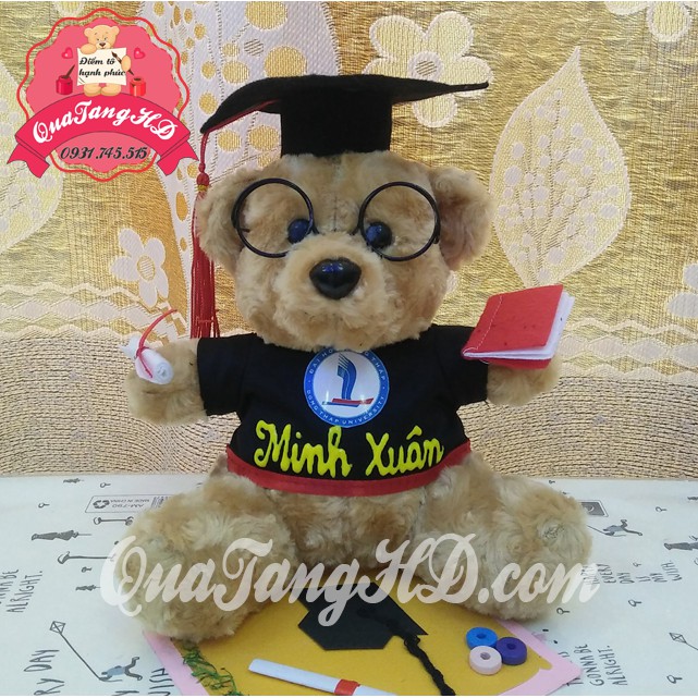 Gấu Bông Tốt Nghiệp 25cm tặng miễn phí khắc tên, logo decal, gói quà - quà tốt nghiệp