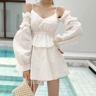 V-043: áo váy màu trắng 2 dây liền tay dài