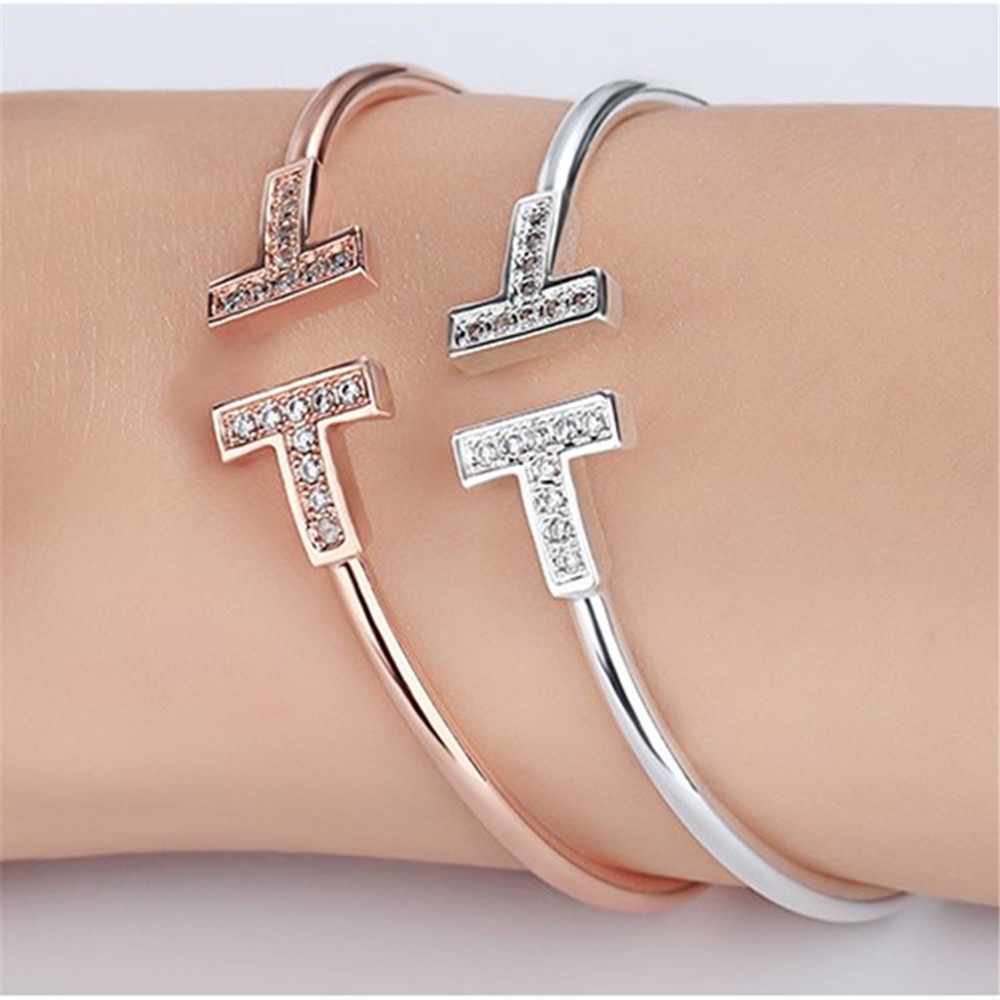 Vòng đeo tay hở hình chữ T đính đá đơn giản thời trang cho nữ