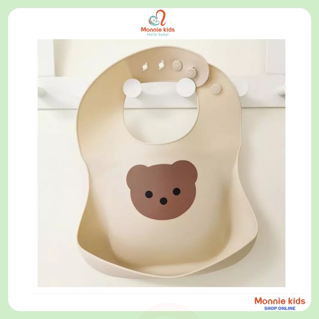 Yếm máng silicon ăn dặm hình gấu 6M+, yếm vòng cổ tiện lợi vệ sinh cho bé - Monnie Kids