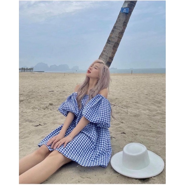 Đầm Babydoll caro Màu Xanh Tươi Mát Tay Phồng