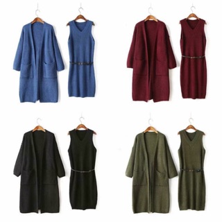 Set váy len cổ tim kèm áo khoác cadigan