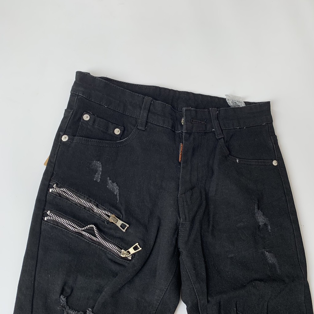 Quần Bò Nam Đen Rách Pha Thêu Khoá Zip Đùi Gối Cực Đẹp | BigBuy360 - bigbuy360.vn