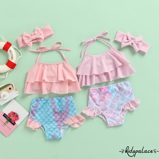 BbQ-Toddler Girls 3Pcs Bikini Set, Solid Color Ruffle Halter Tops + Mermaid Bottom + Headband Set