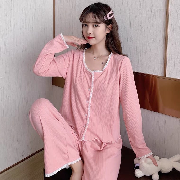 Bộ đồ ngủ tay dài in họa tiết hoa nhỏ xinh xắn thời trang xuân thu cho nữ