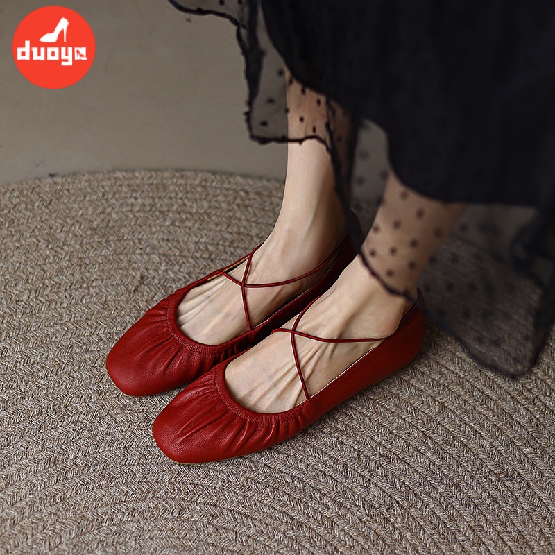 Duoya Giày Búp Bê Da Mềm Mũi Vuông Thắt Dây Chéo Phong Cách Mary Jane Retro Cho Nữ