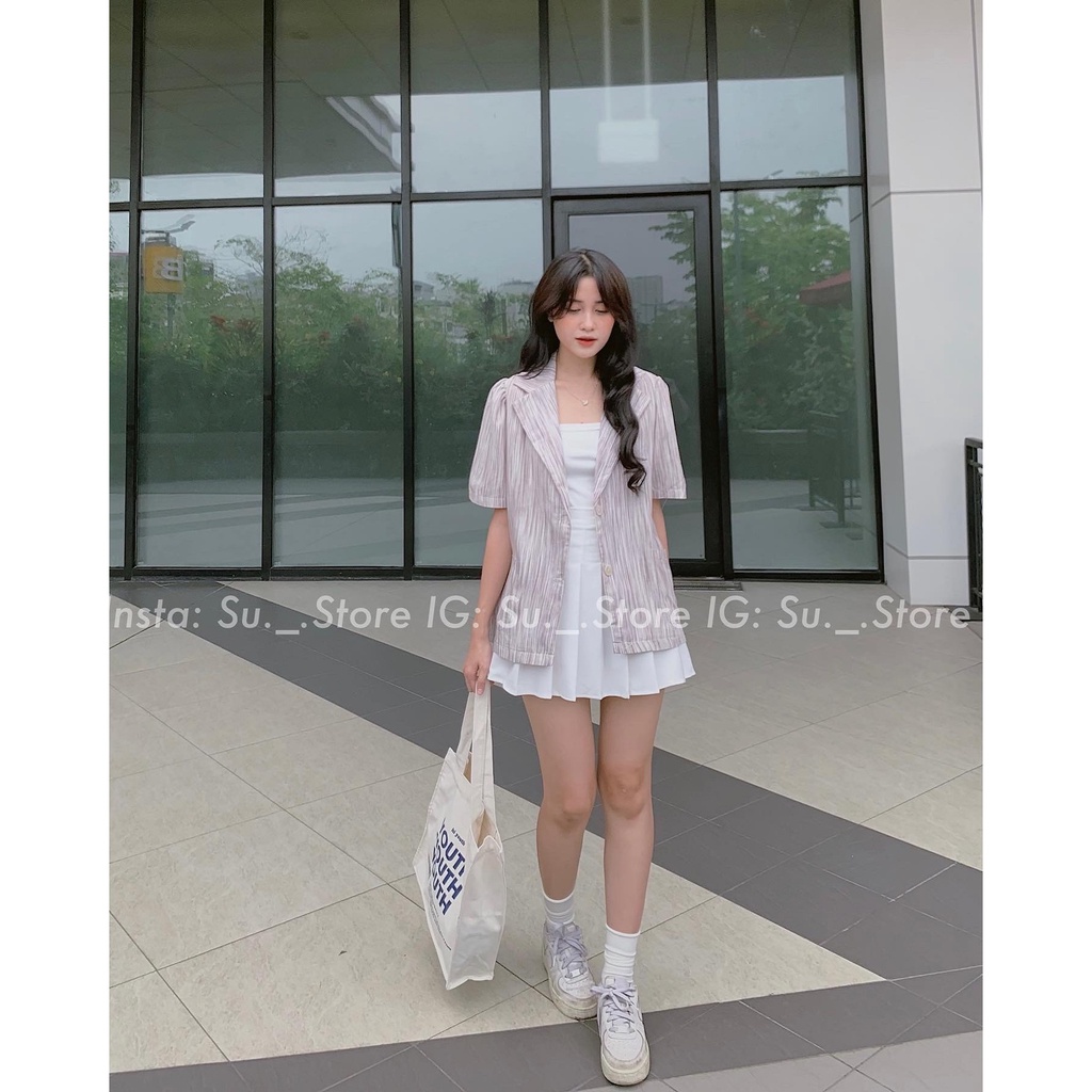 Áo blazer kẻ mỏng cộc tay 2 túi trước xẻ lưng A2362 SUSTORE