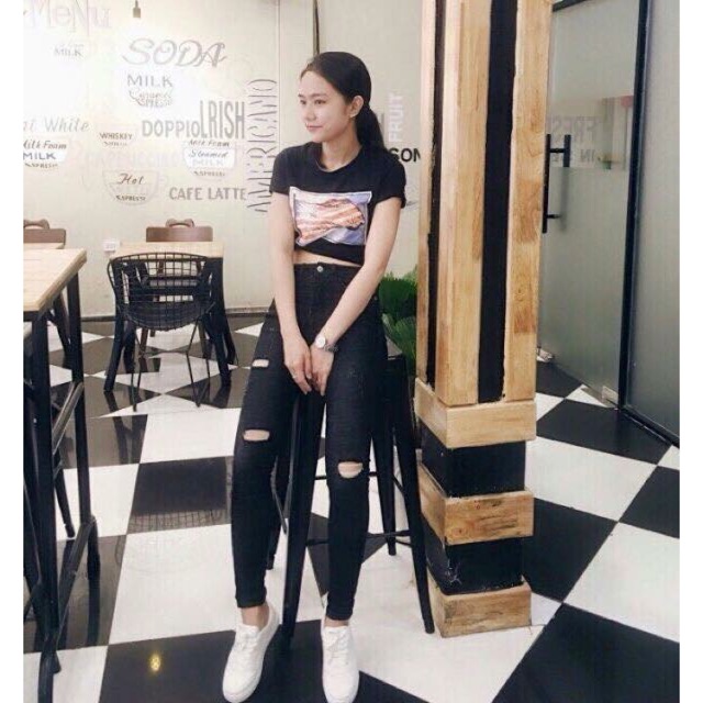 Nhập WAMS8 giảm 15%_ Quần jean dài đen muối tiêu, rách ngang, co dãn mạnh