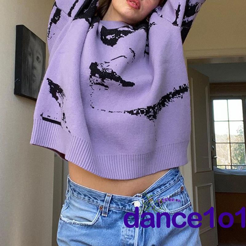 Áo Sweater Tay Dài Cổ Tròn Dáng Rộng In Hình Chân Dung Cho Nữ