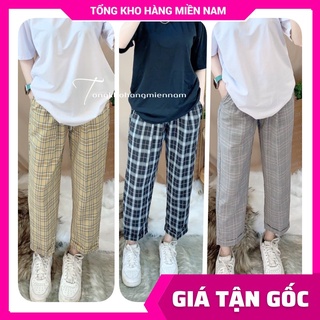 Quần baggy kaki nữ vải mềm phối sọc kẻ caro dễ thương Quần tây 9 tấc lưng thun LT05