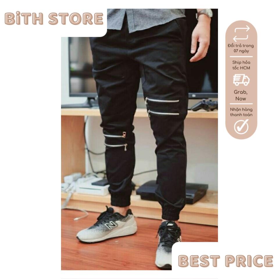 Quần jogger kaki nam khóa zip kéo đầu gối, quần thể thao nam nữ ống bó