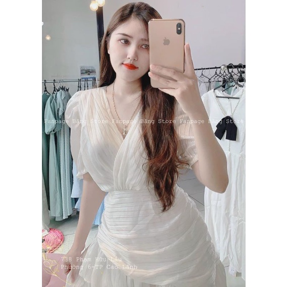 Đầm Dự Tiệc Nữ Trắng Váy Cổ V Đắp Chéo Tay Bồng Đuôi Tầng Bèo Siêu Sang Chất Cực Đẹp