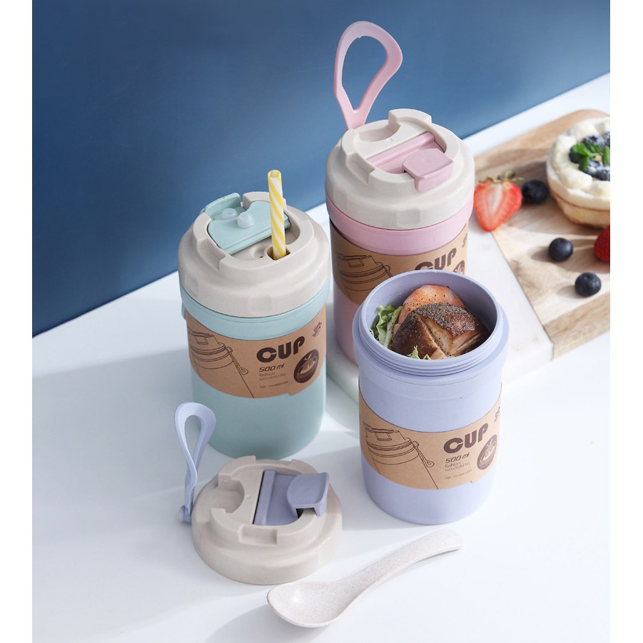 Bình nước 2 lớp 500ml nhựa lúa mạch cao cấp an toàn - Tặng kèm muỗng