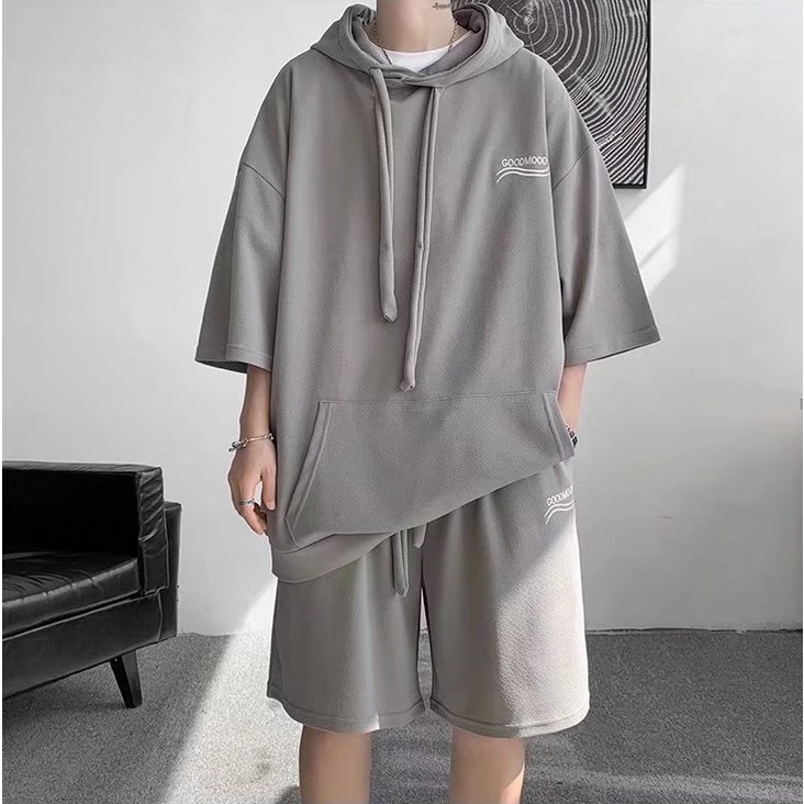 Set Đồ Thể Thao Gồm Áo Hoodie Tay Ngắn + Quần Short Màu Trơn Thời Trang Cho Nam hàn quốc bộ thể thao nam