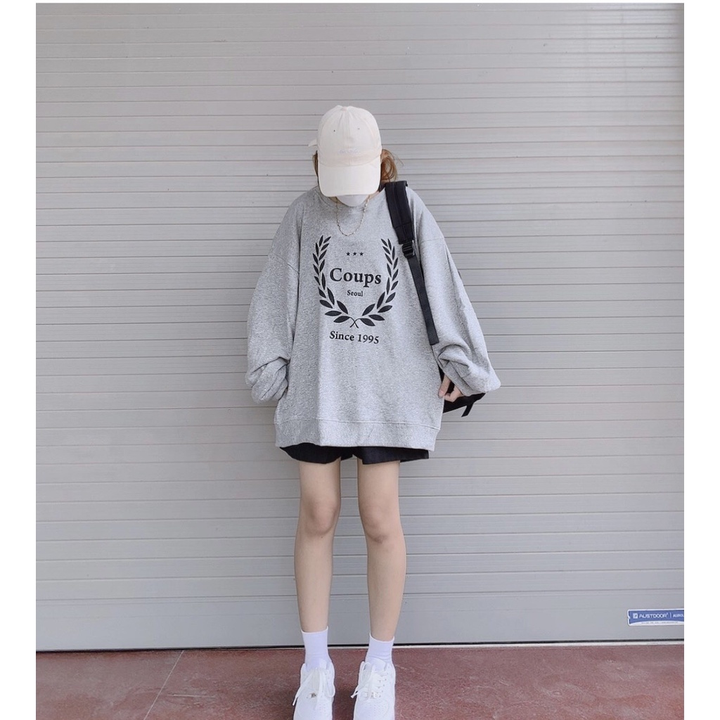 Áo sweater nữ HAVE FUN màu xám basic chất nỉ ngoại, áo nỉ thu đông unisex form rộng oversize thời trang ulzzang