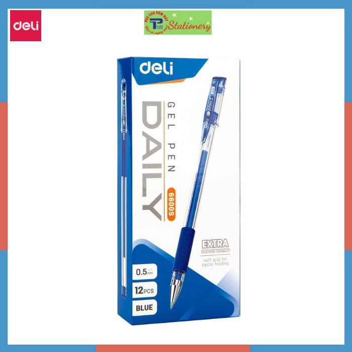 Bút bi nước mực gel 0.5mm có nắp đậy Deli màu xanh đen nhanh khô viết đều trơn tru lâu hết mực 6600