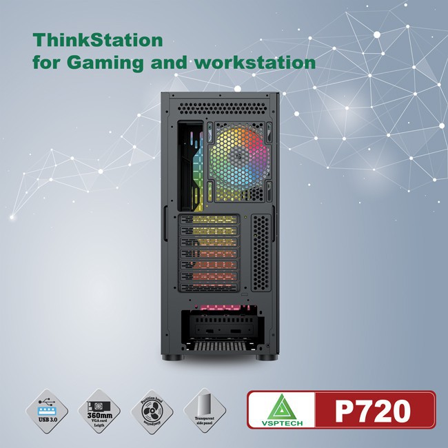 Thùng Case Máy Tính VSP P720 Led RGB Chuẩn Full ATX - Mặt Trước LED RGB và Nắp hông phải làm bằng kính cường lực