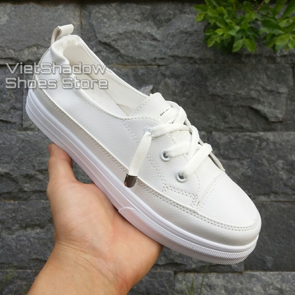 Slip on da nữ - Giày lười da nữ - Da PU màu trắng full và trắng khâu chỉ đen - Mã SP: 2216 (8620)