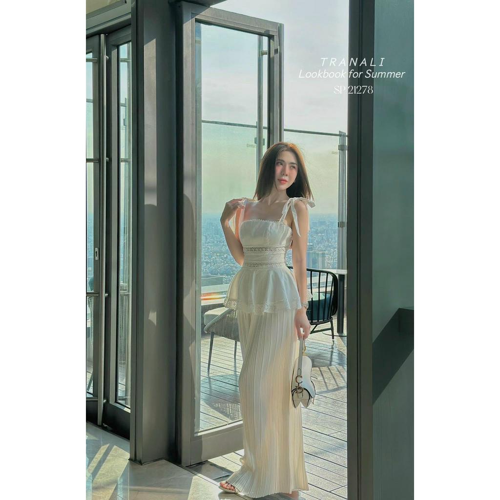 SET ÁO PEPLUM REN NƠ VAI + QUẦN DẬP LY TRẮNG SUÔNG