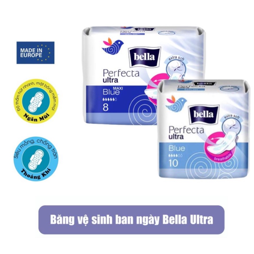 Băng vệ sinh ban ngày BELLA nhập khẩu Pháp 8-10 miếng có cánh, siêu mỏng, thấm hút nhanh, mềm mại