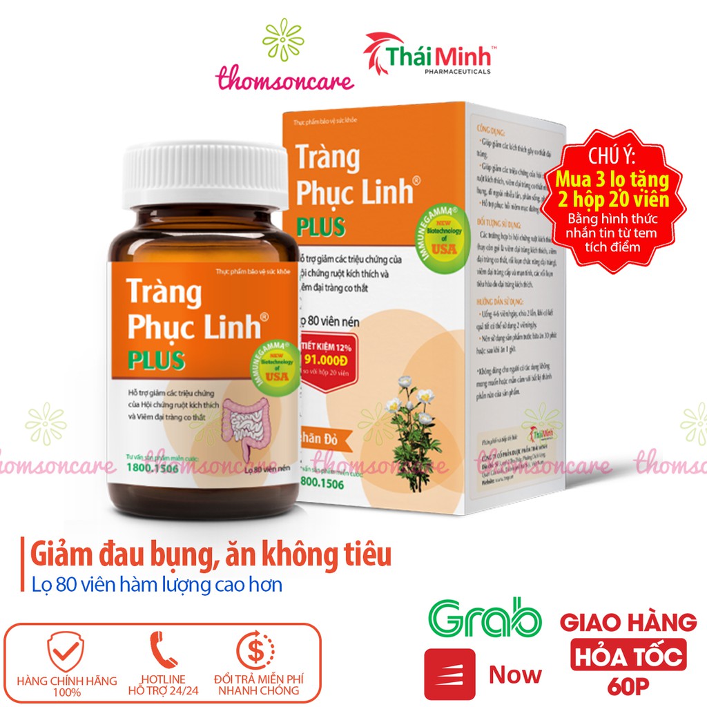 Tràng Phục Linh Plus Mẫu mới dạng lọ 80 viên, có tem tích điểm - hỗ trợ đại tràng, rối loạn tiêu hóa