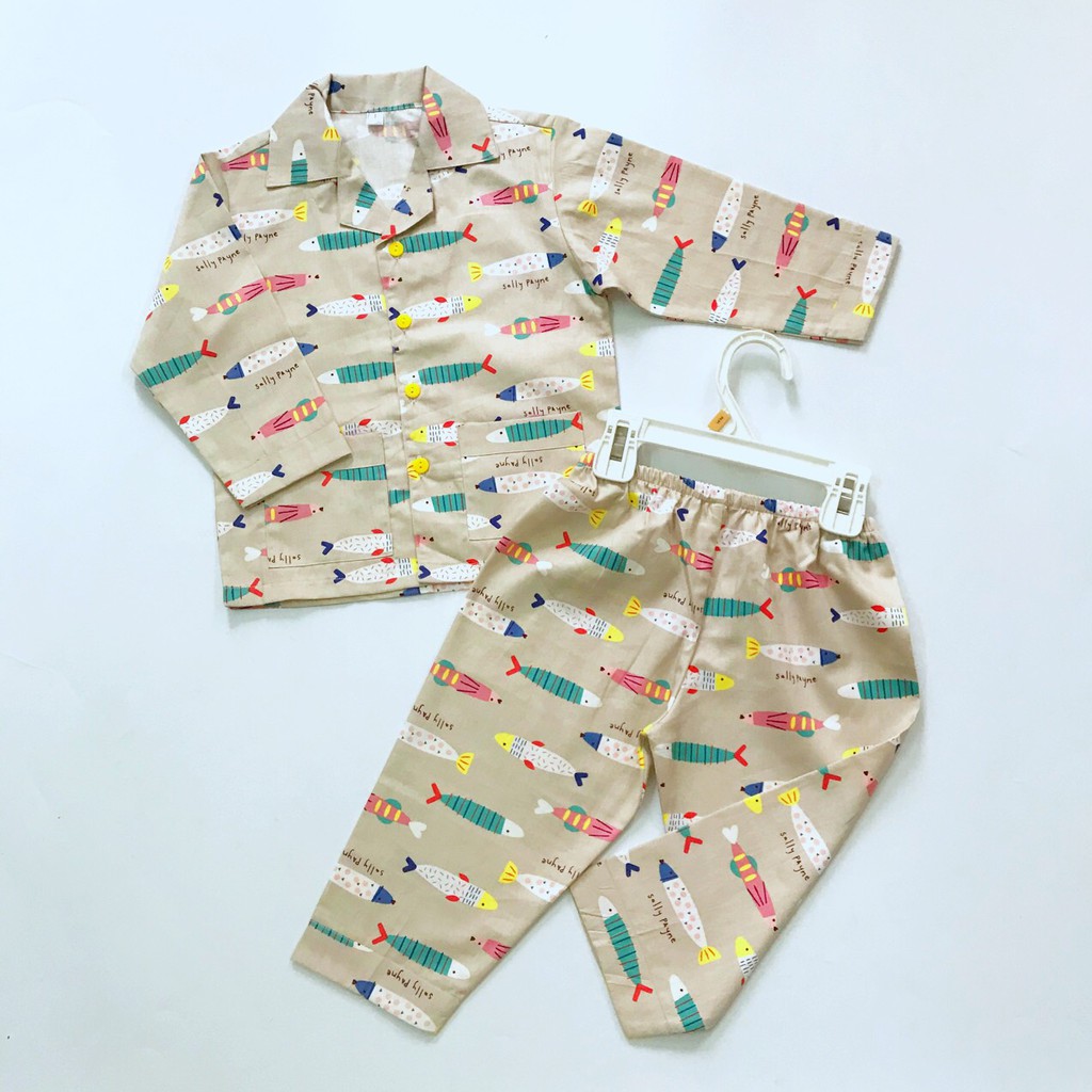 Pijama dài cho bé trai bé gái vải Thô hàng đẹp may kỹ hình cá Cá voi xanh size 1-9 tuổi 10-40kg