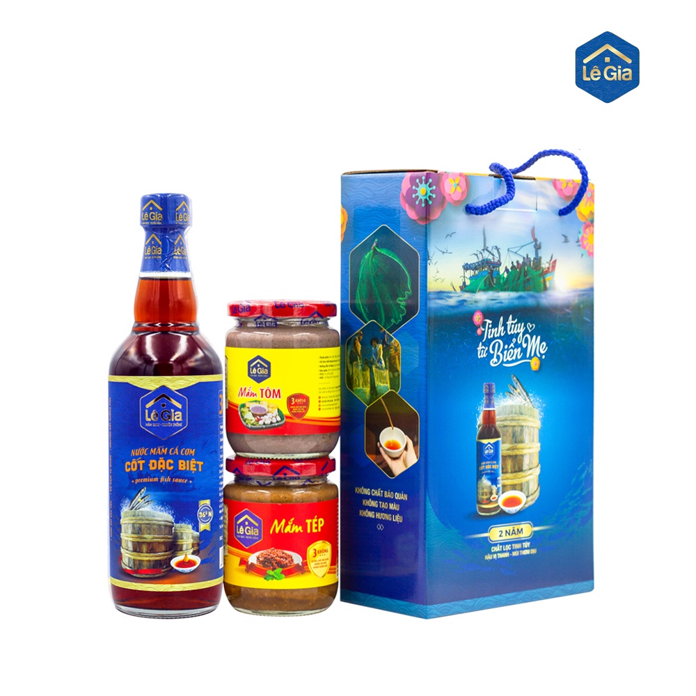 Hộp quà tặng Lê Gia 2: 01 chai mắm cốt đặc biệt 525ml+ 01 hũ mắm tôm 280ml + 01 hũ mắm tép 280ml