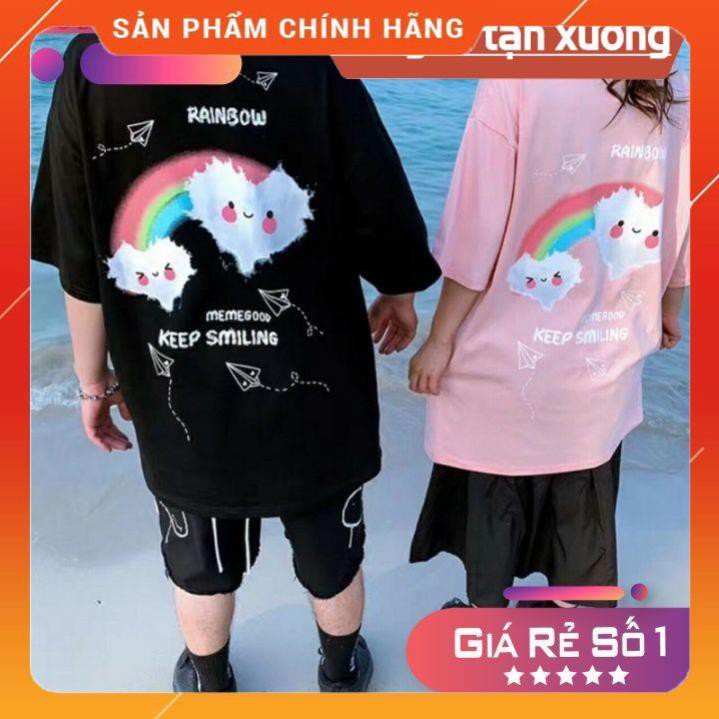 Áo Thun Tay Lỡ Freesize Phông Form Rộng Dáng Unisex, Mặc lớp,Nhóm,Cặp In Hình Mây Cầu Vồng KEEP SMILING