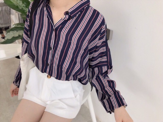 Áo sơ mi sọc vải lụa ko nhăn ( hình thật)