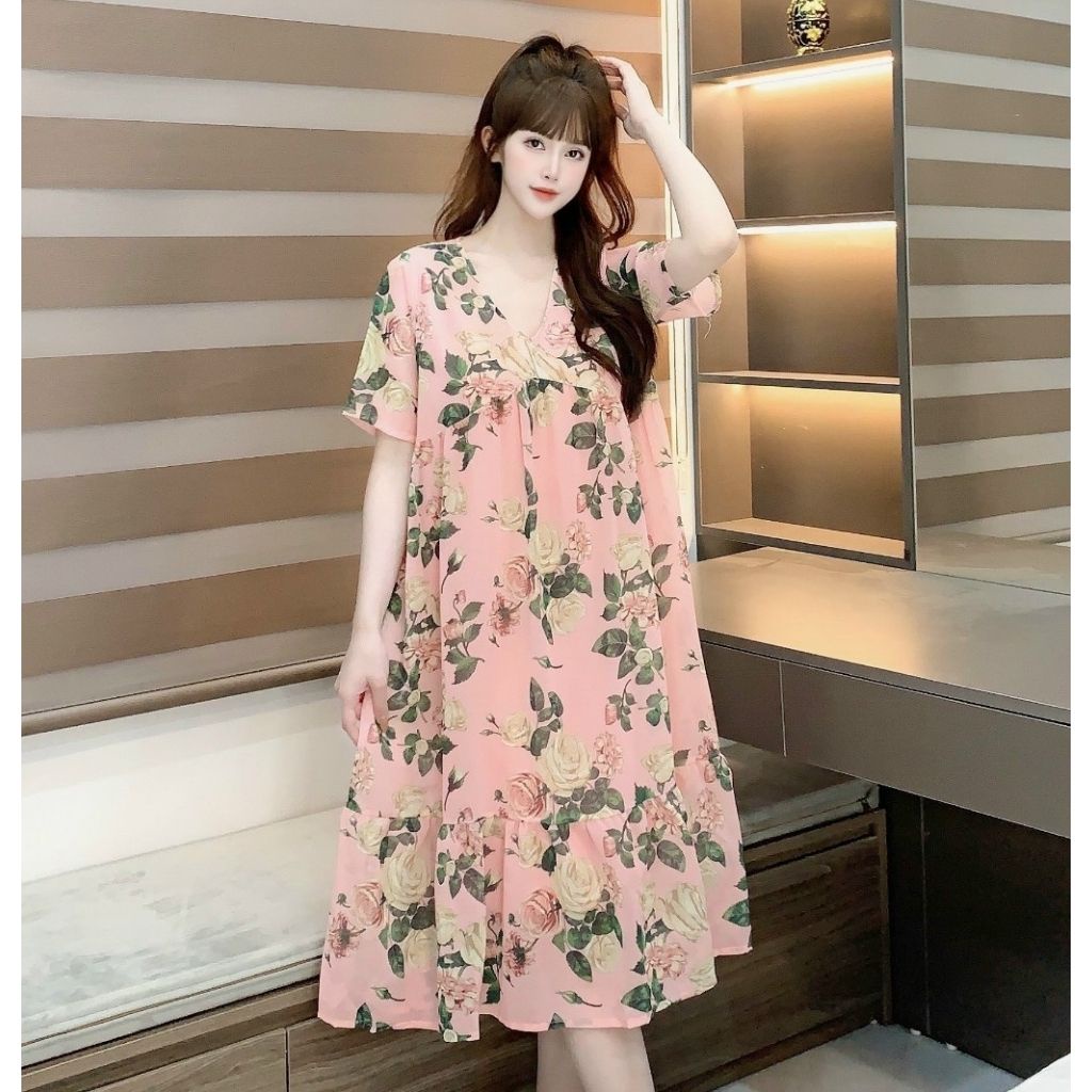 Váy bầu ngắn tay voan hoa thời trang thiết kế M512 Mom and Baby