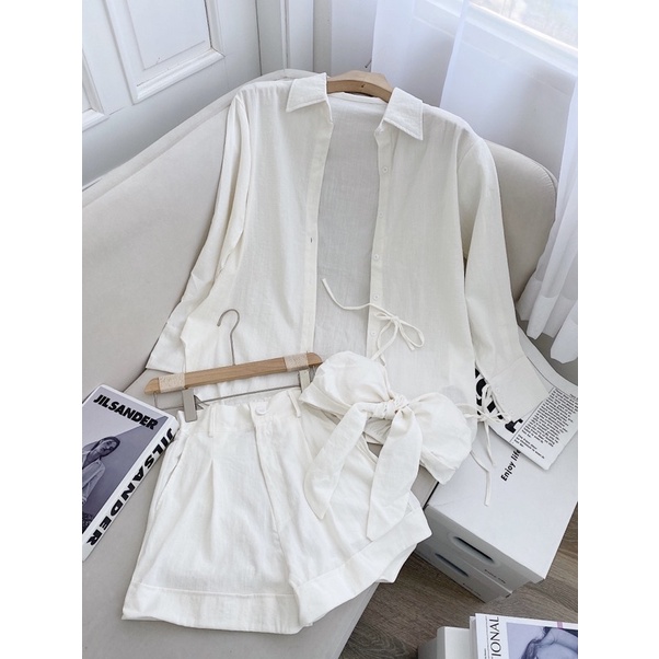 SET ÁO ỐNG LƯNG SAU CHUN NƠ NGỰC + ÁO SƠ MI + QUẦN SHORT