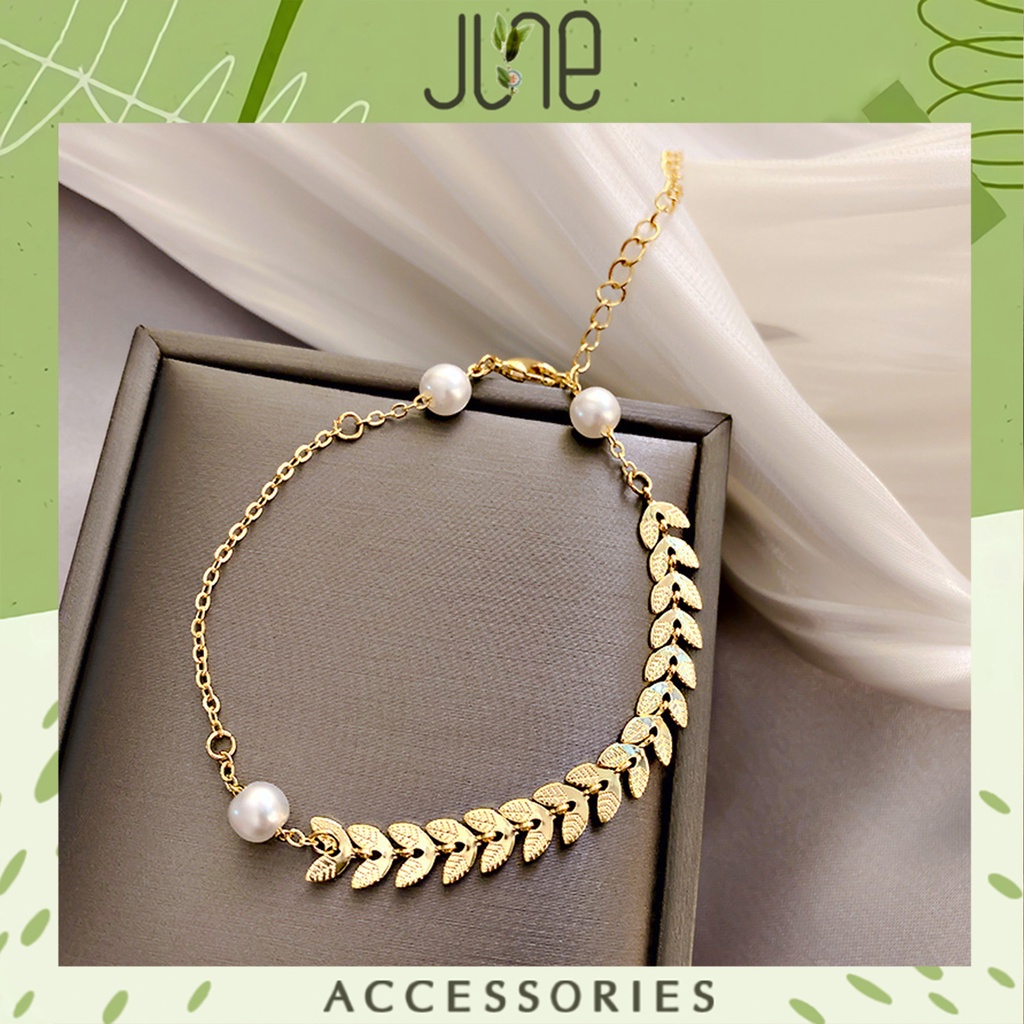 Vòng tay nữ chiếc lá titan lắc tay mix hạt ngọc độc đáo vòng đeo tay titan nguyệt quế June accessories