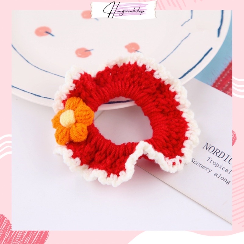 Dây buộc tóc len handmade, cột tóc scrunchies hoa len 5 cánh dễ thương cho nữ