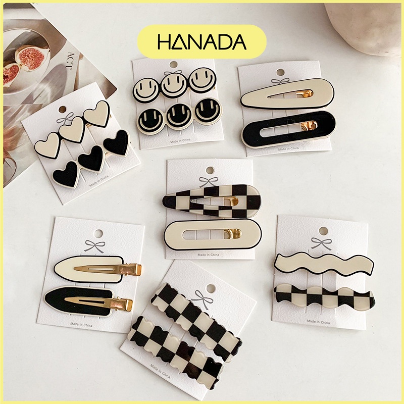 Set 2 Kẹp Mái Trắng Đen Dễ Thương Kẹp Bấm Phong Cách Hàn Quốc Hanada K10-N002