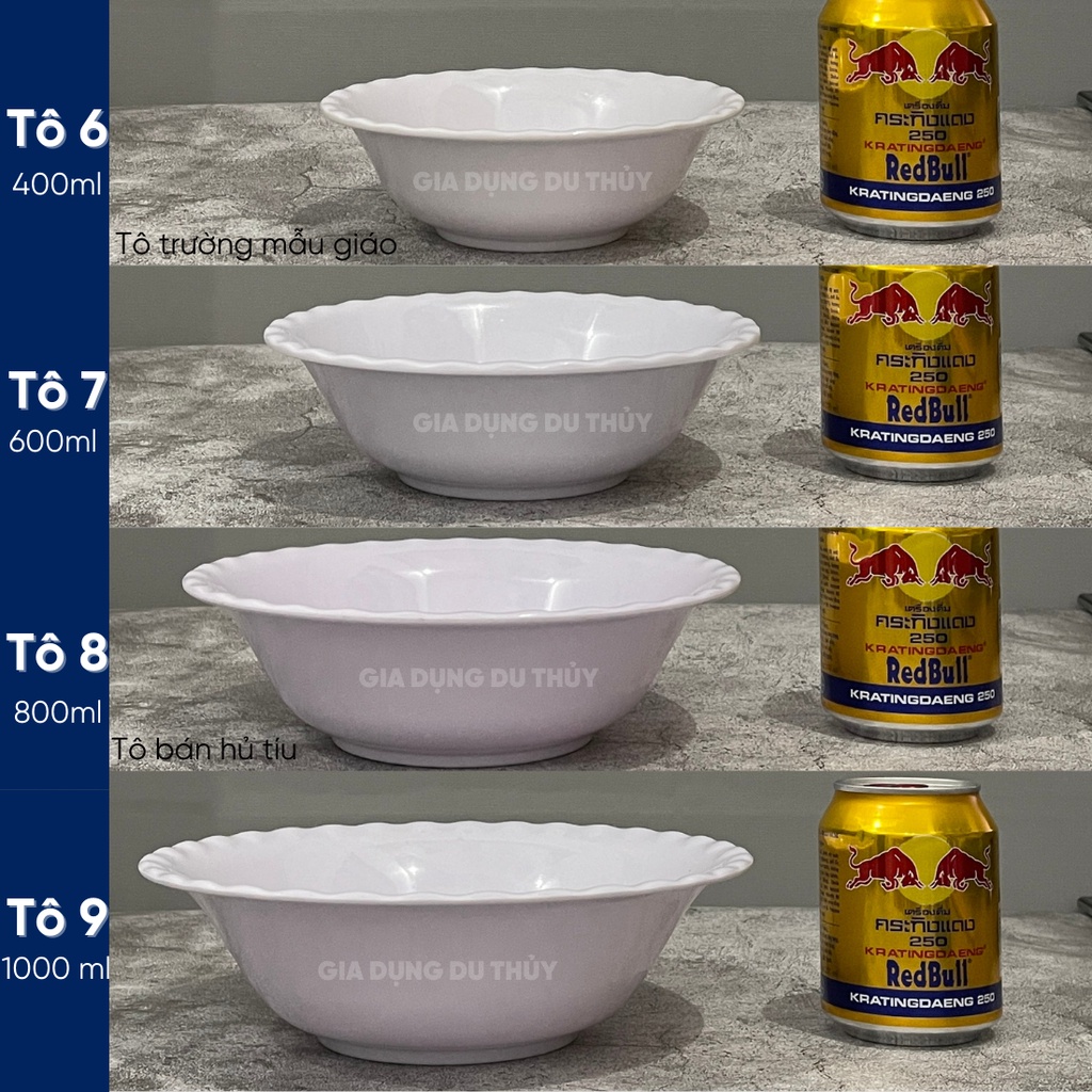 Tô nhựa melamine loại tô nhựa bèo cạn màu trắng, vàng, xanh, hoa văn của gia dụng Du Thủy