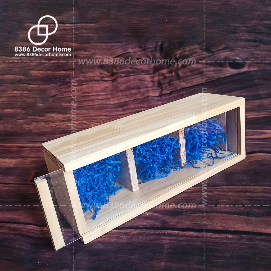 Khay gói quà bằng gỗ pallet/ hộp gỗ 3 ngăn đựng quà tết mặt mica trong suốt (nhận kích thước theo yêu cầu)