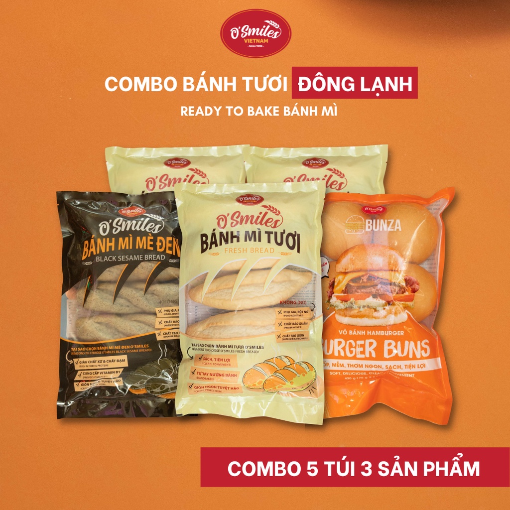 [COMBO 5] 3 Loại Bánh Tươi Đông Lạnh O'Smiles - Bánh Mì Tươi, Vỏ Bánh Hamburger Bunza, Bánh Mì Mè Đen