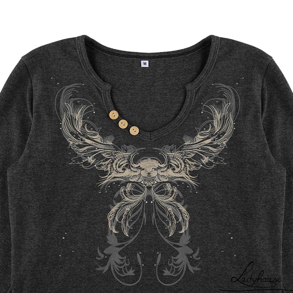 Áo croptop tay dài cổ chữ V in họa tiết thời trang cho nữ