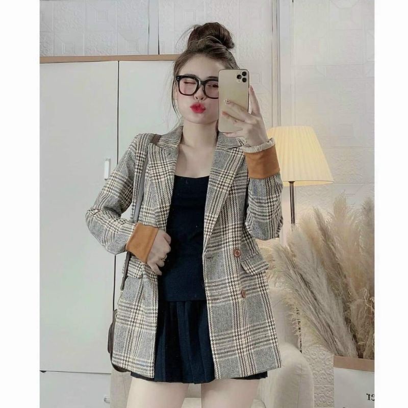 Áo Khoác Blazer Dạ Kẻ Cảm 2 Lớp Ulzzang Hàn Quốc Hottrend