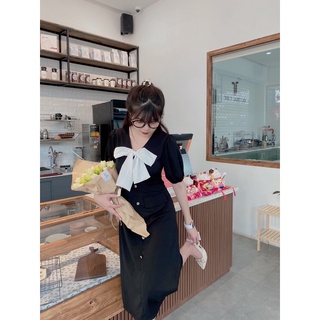 Đầm thắt nơ đính nút tiểu thư (ẢNH THẬT)
