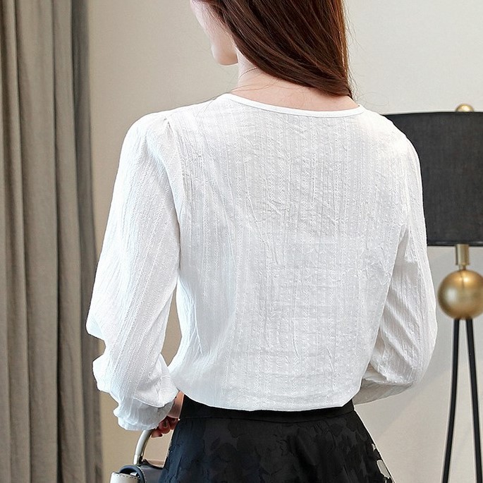 Áo sơ mi nữ❣️𝐅𝐑𝐄𝐄 𝐒𝐇𝐈𝐏❣Áo sơ mi nữ  thêu hoa cổ nơ ngọc - Áo sơ mi nữ chất thô đũi mềm, siêu xin | BigBuy360 - bigbuy360.vn