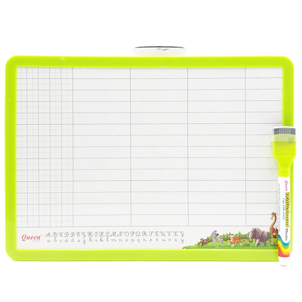 Bảng Bộ 2 Mặt A4 - Kẻ Ngang + Kẻ Ô + Bút Lông Bảng - Queen BS-02 - Viền Xanh Chuối