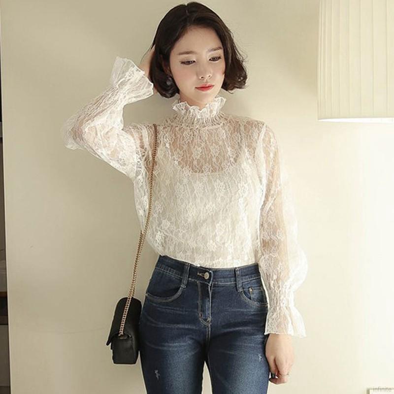 Áo nữ dài tay cổ cao phối ren thiết kế thời trang