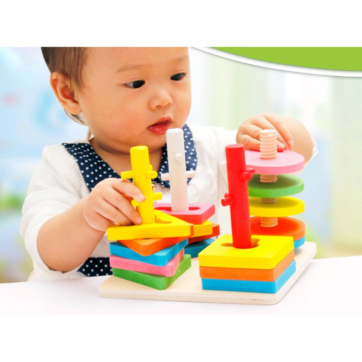 [RẺ VÔ ĐỊCH] Bộ đồ chơi thả hình 4 trụ cột khối gỗ zic zac cho bé