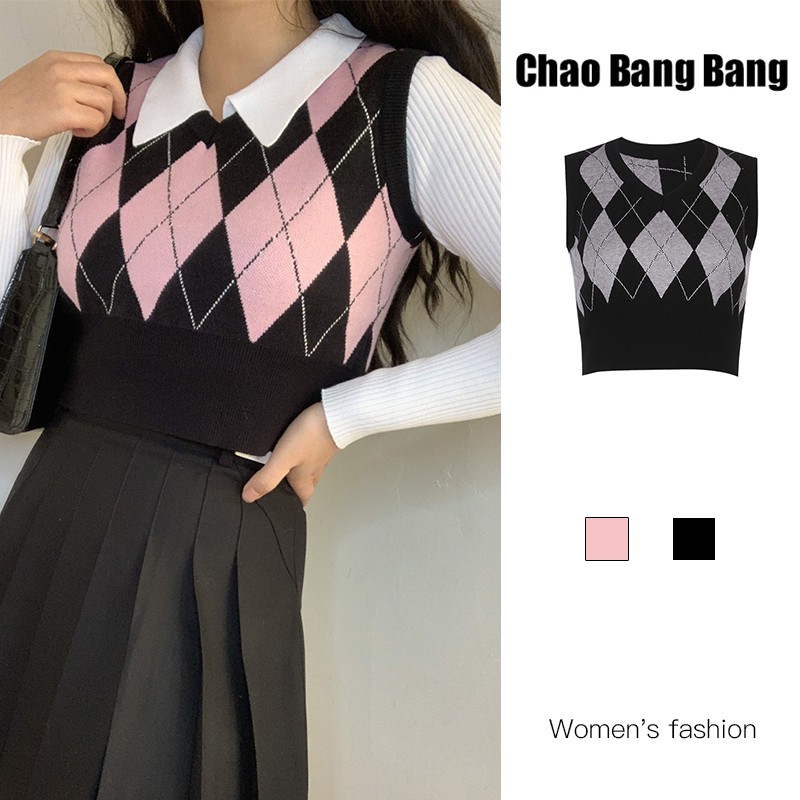 Porozi Áo sát nách  dệt kim cổ chữ V họa tiết sọc ca rô phong cách Hàn Quốc thời trang dành cho nữ