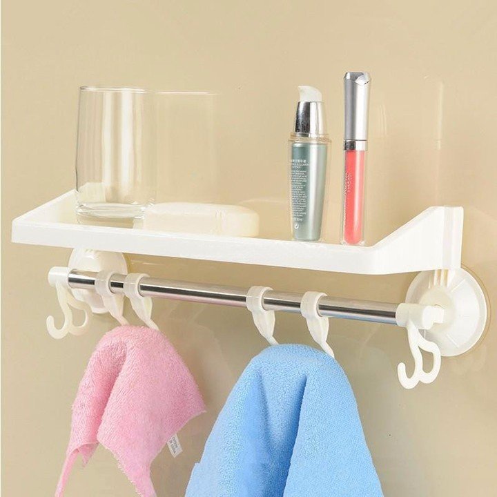 Kệ nhựa Hít Tường Kèm Móc Treo Đồ Nhà Tắm Đa Năng ( SHOP GIAO MÀU TRẮNG KEM)