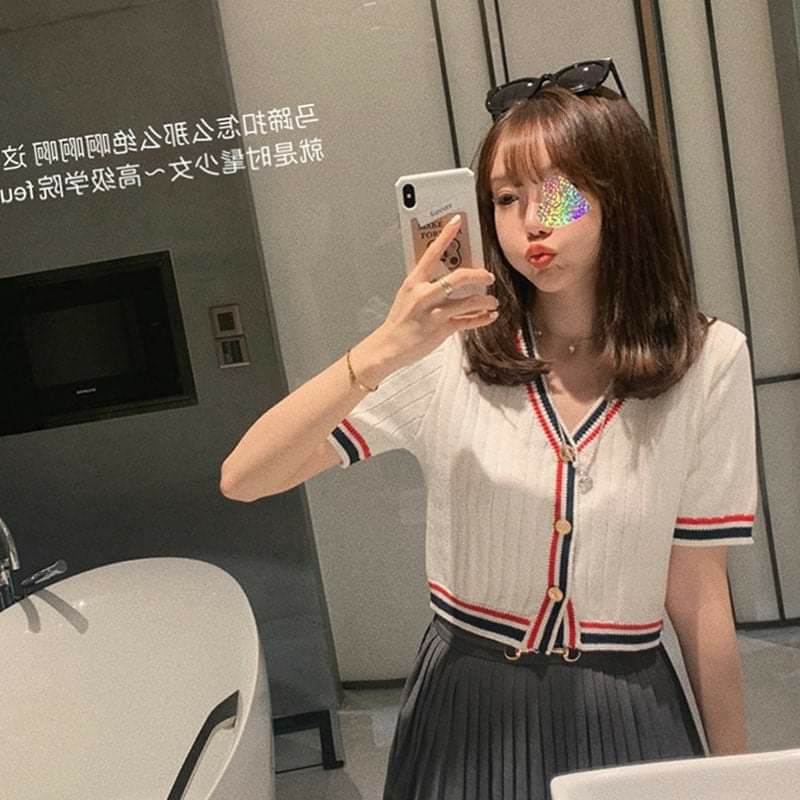 (ORDER) Áo len tăm mỏng viền đen trắng đỏ xinh