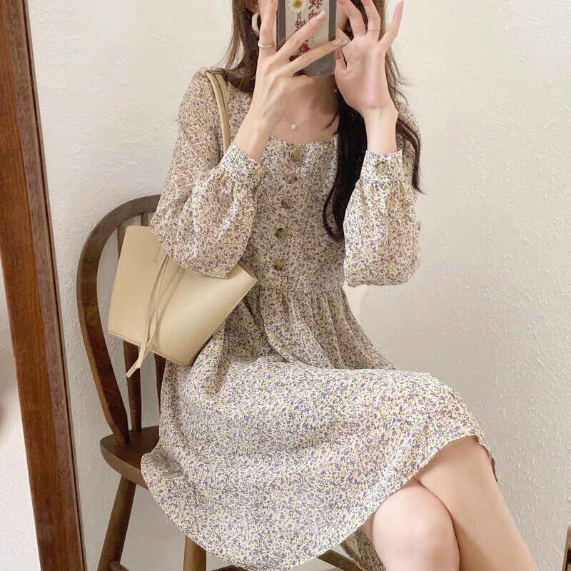 Đầm hoa nhí viitage, đầm hoa babydoll phối nút tiểu thư